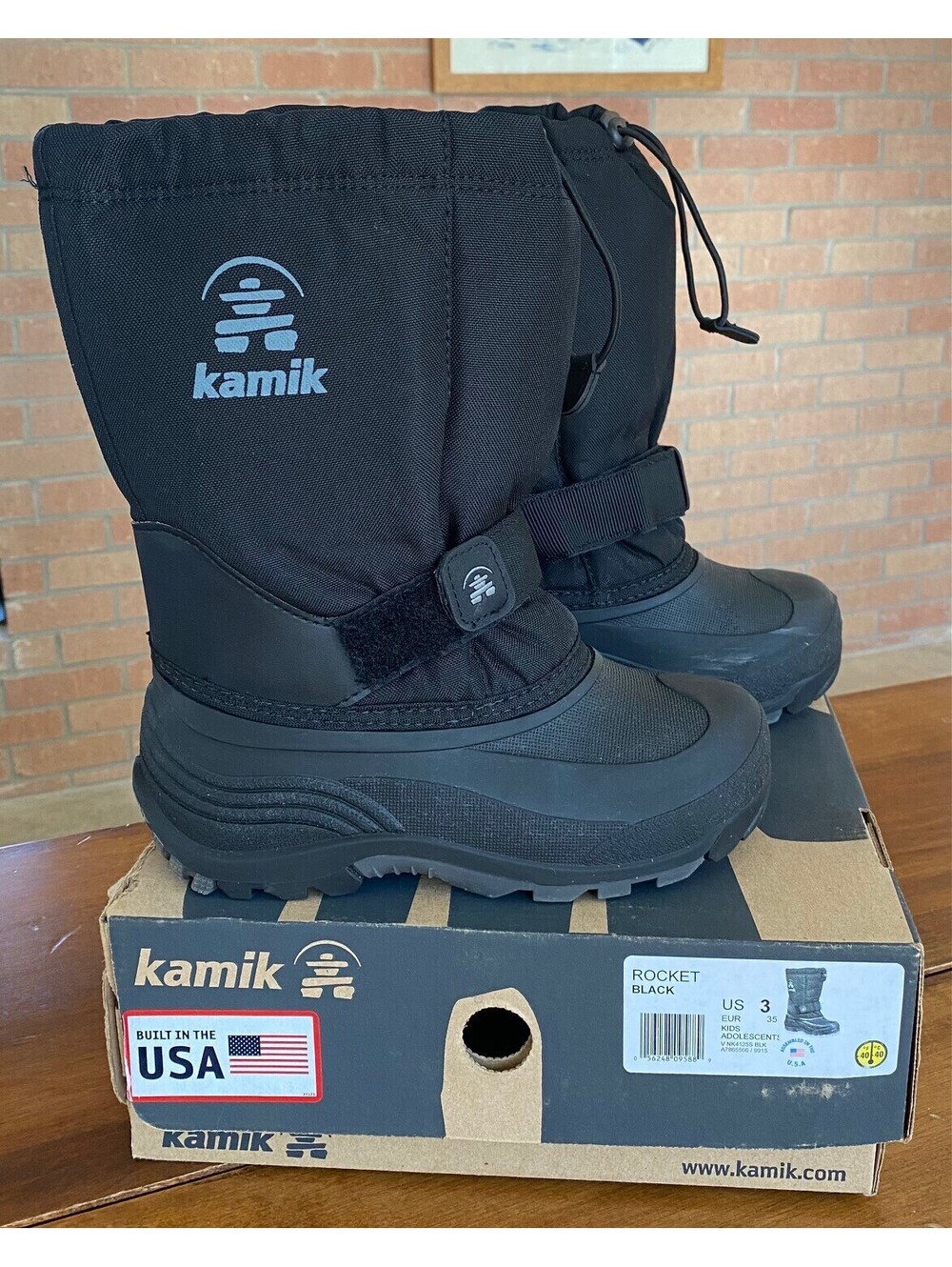 Kids KAMIK ROCKET SNOW BOOTS Black WATERPROOF LINED Gripped Outsole SLIP ON Sz 3